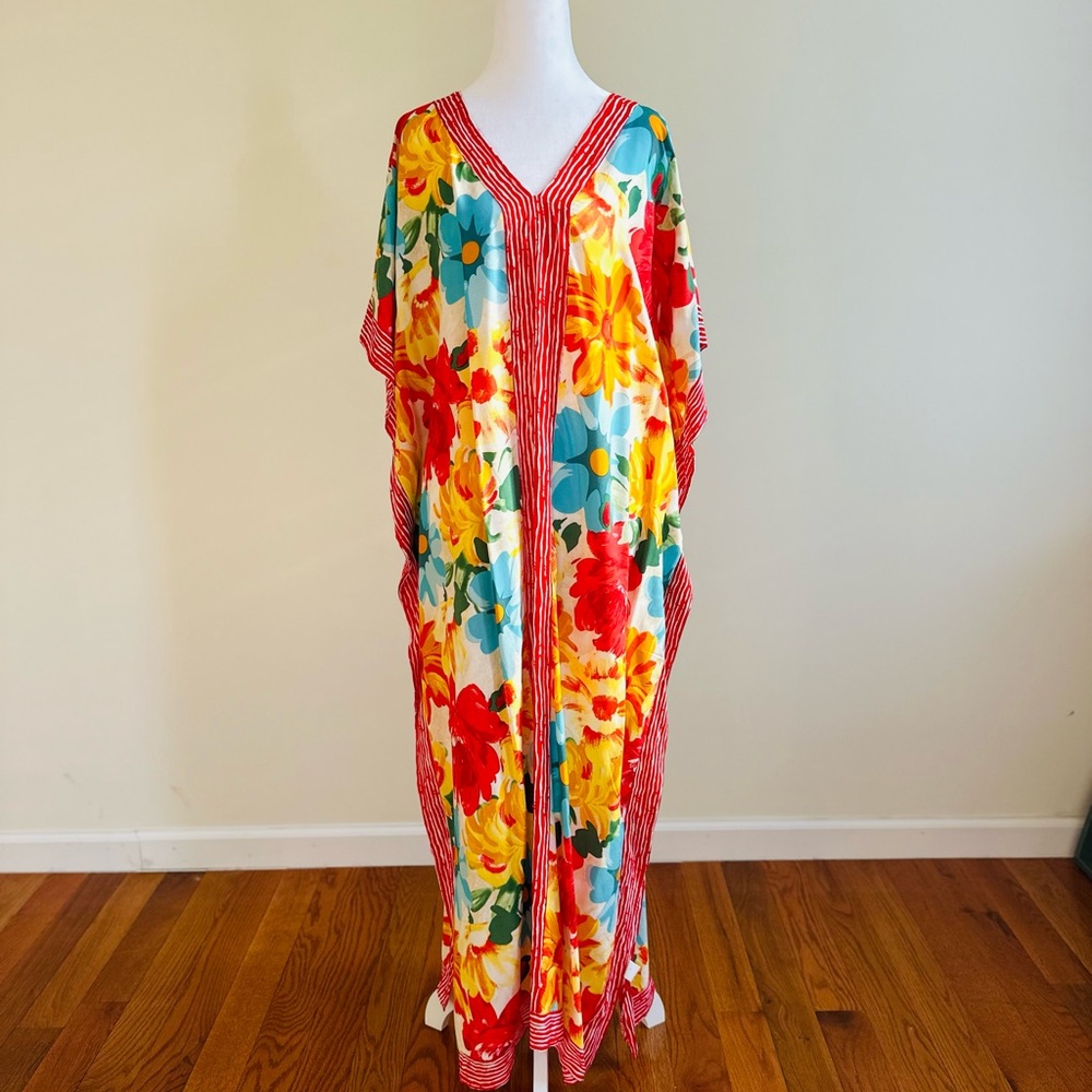 Island Bloom Vibrant Floral Kaftan - One Size Fits Most Standard and Plus